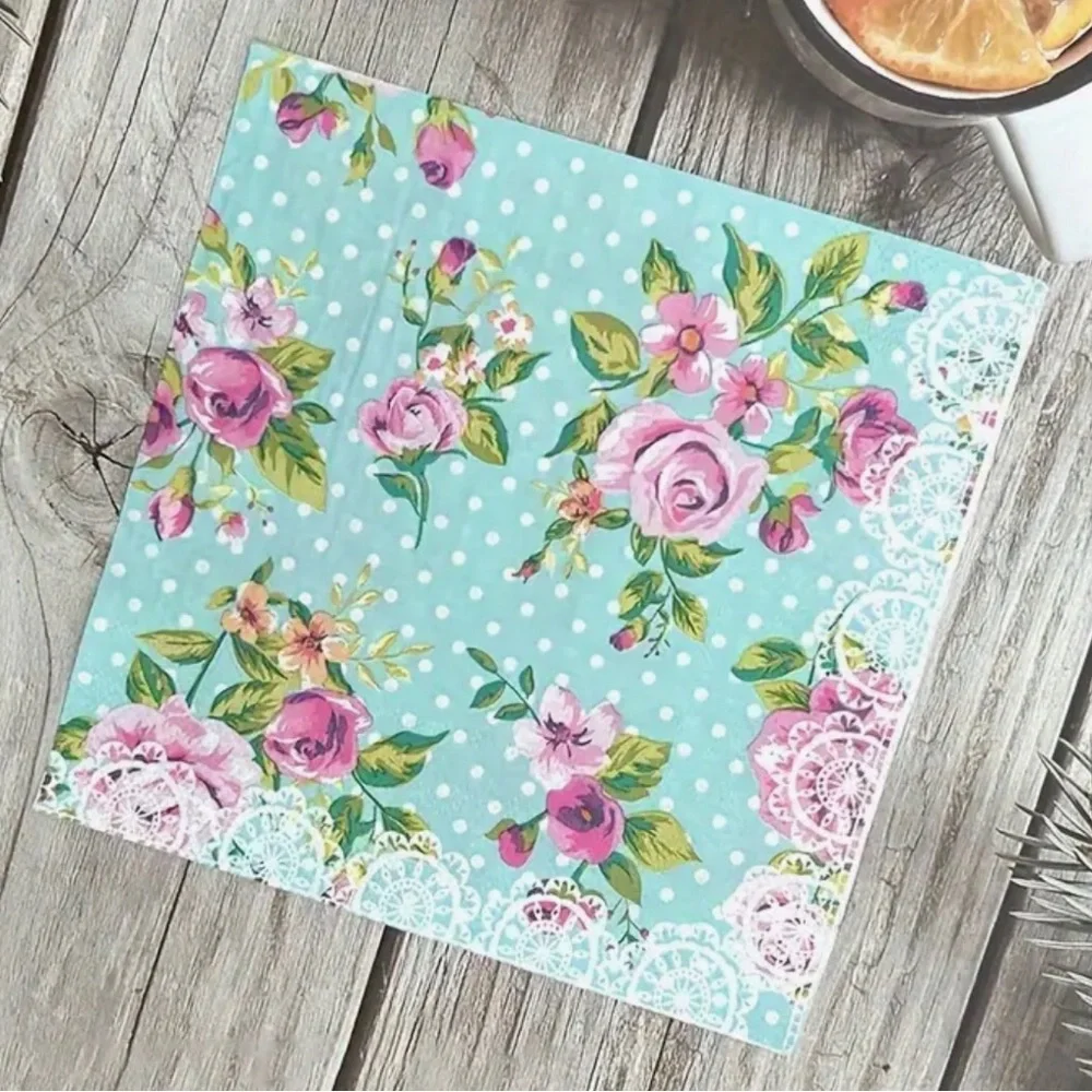 Rose Pink Floral with Faux Lace Border Luncheon Napkins, 20 ct